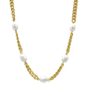 Curb Chain and Freshwater Pearl Necklace gold