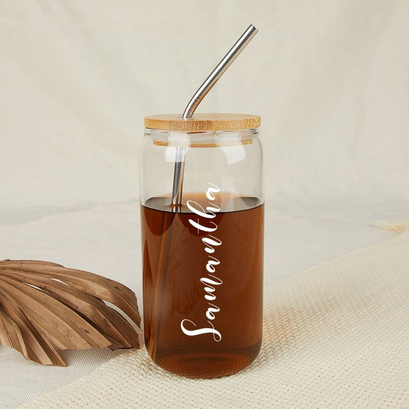 Custom Name 17OZ Glass Cup with Bamboo Lid Personalized Coffee Cup Bridesmaid Wedding Gifts Favors