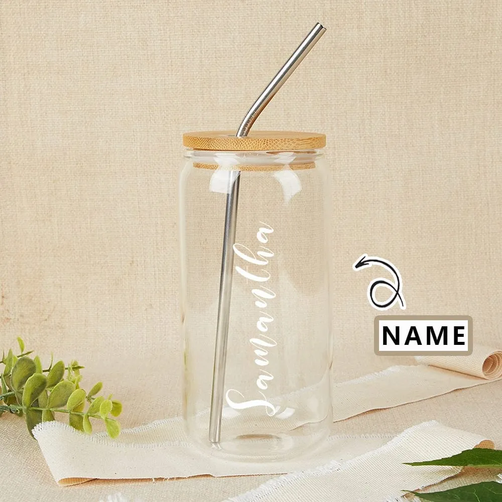 Custom Name 17OZ Glass Cup with Bamboo Lid Personalized Coffee Cup Bridesmaid Wedding Gifts Favors