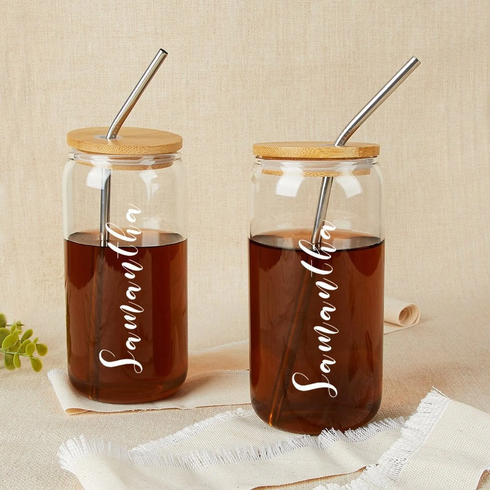 Custom Name 17OZ Glass Cup with Bamboo Lid Personalized Coffee Cup Bridesmaid Wedding Gifts Favors