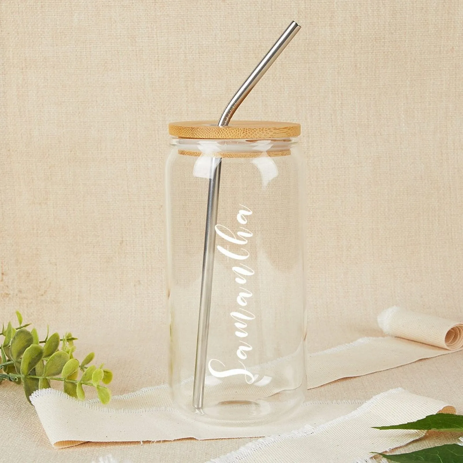 Custom Name 17OZ Glass Cup with Bamboo Lid Personalized Coffee Cup Bridesmaid Wedding Gifts Favors