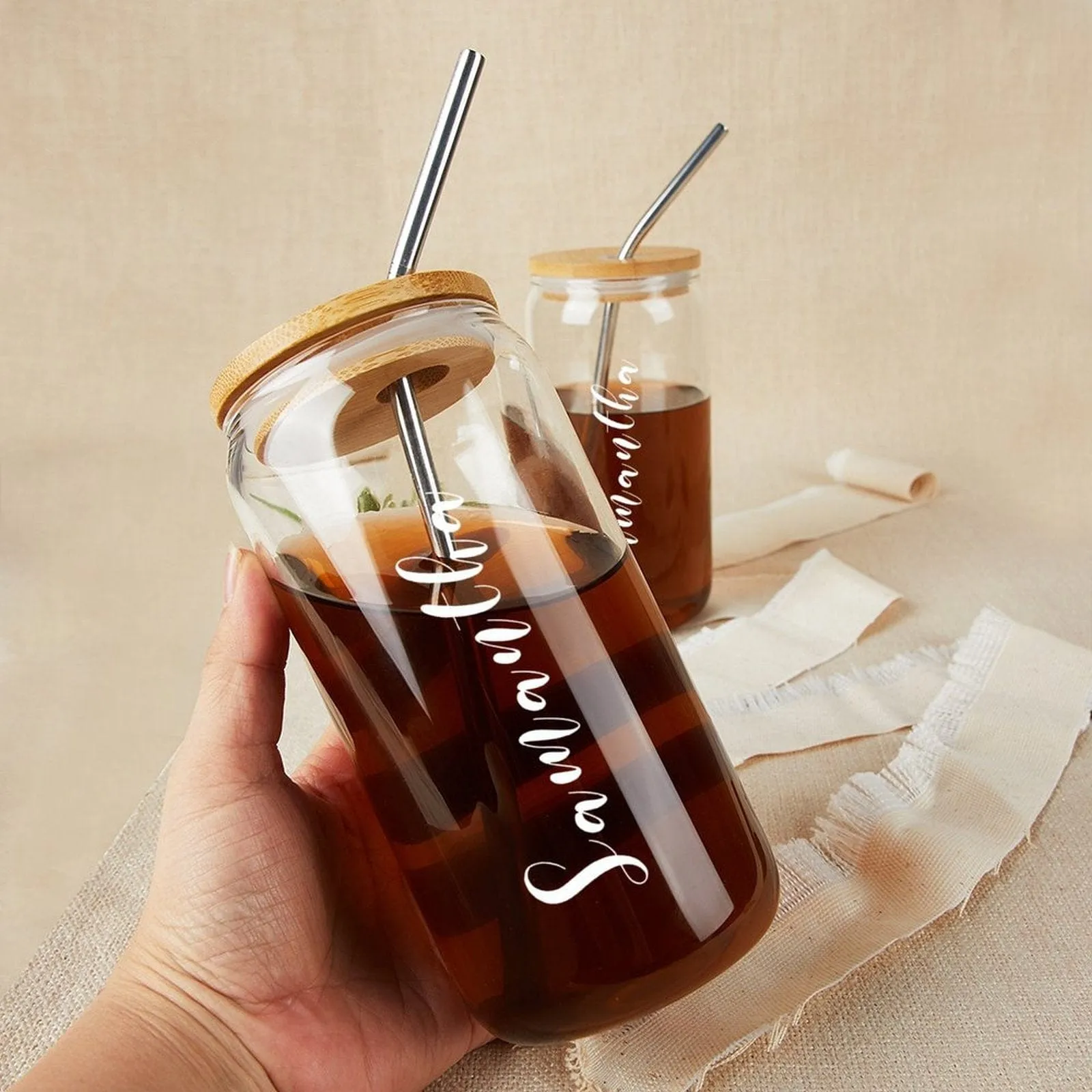 Custom Name 17OZ Glass Cup with Bamboo Lid Personalized Coffee Cup Bridesmaid Wedding Gifts Favors