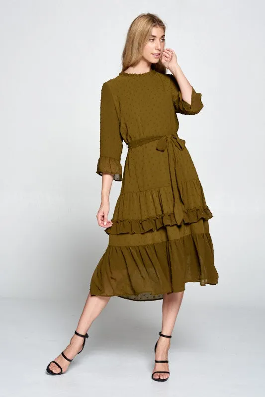 Daria Swiss Dot Tier Midi Dress in Olive