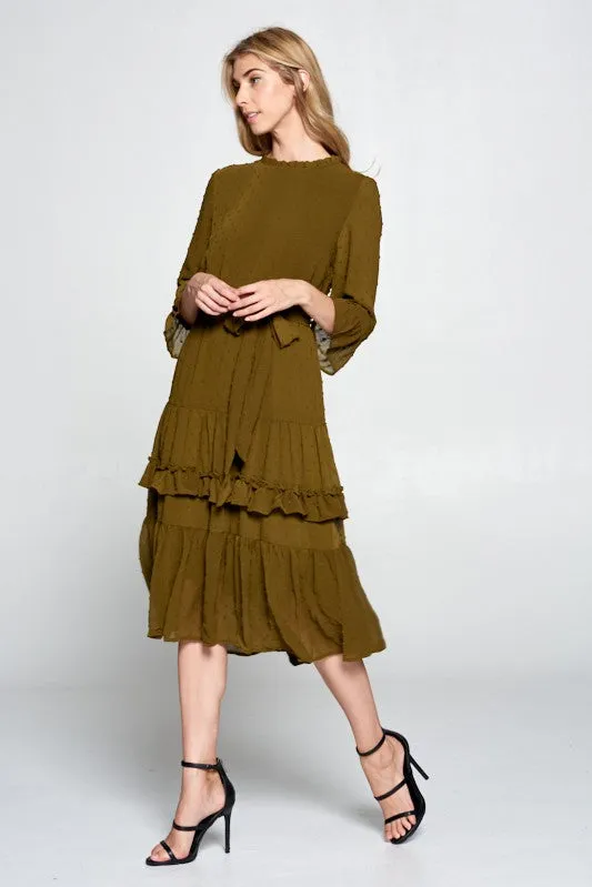 Daria Swiss Dot Tier Midi Dress in Olive