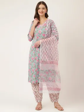 Divena Blue Hand Block Floral Print Cotton Kurta, Salwar With Dupatta