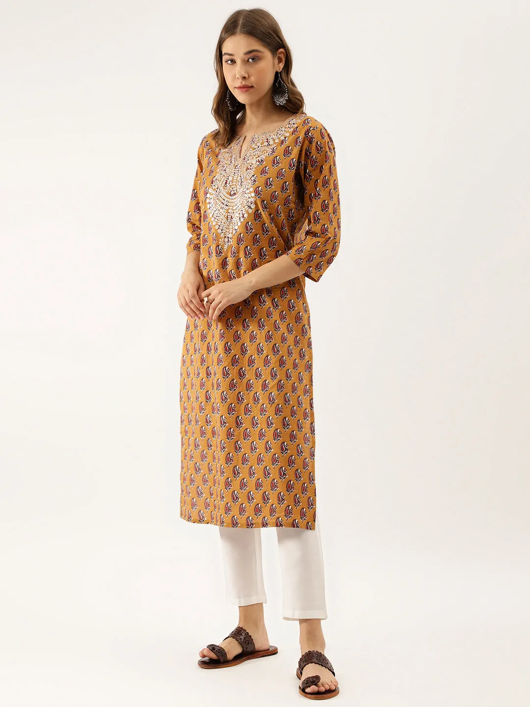 Divena Brown Floral Printed Cotton Zari Work Kurta for Women