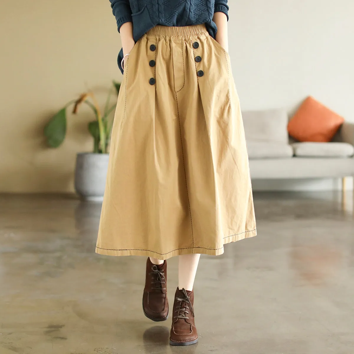 Early Autumn Retro Solid Cotton A-Line Skirt