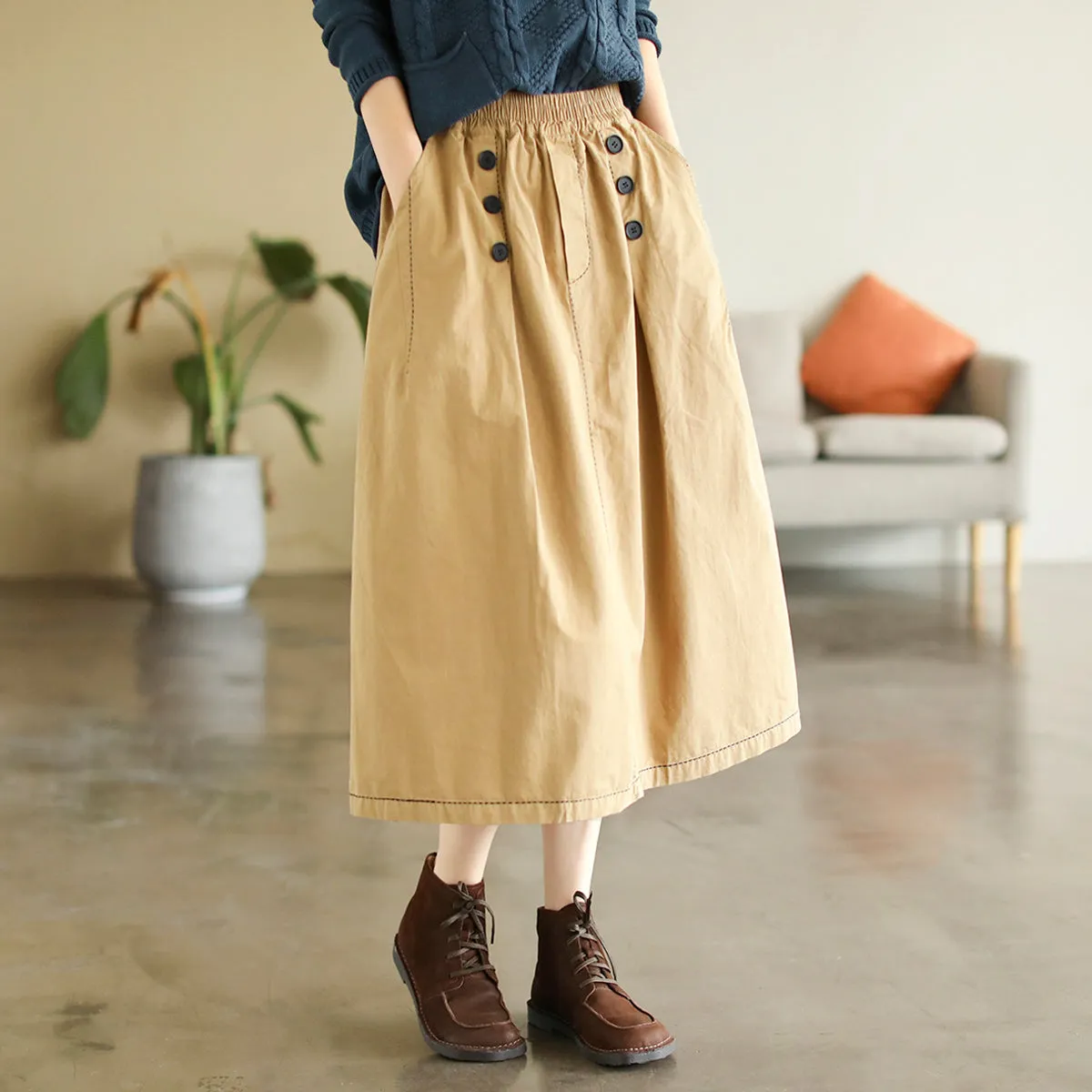 Early Autumn Retro Solid Cotton A-Line Skirt