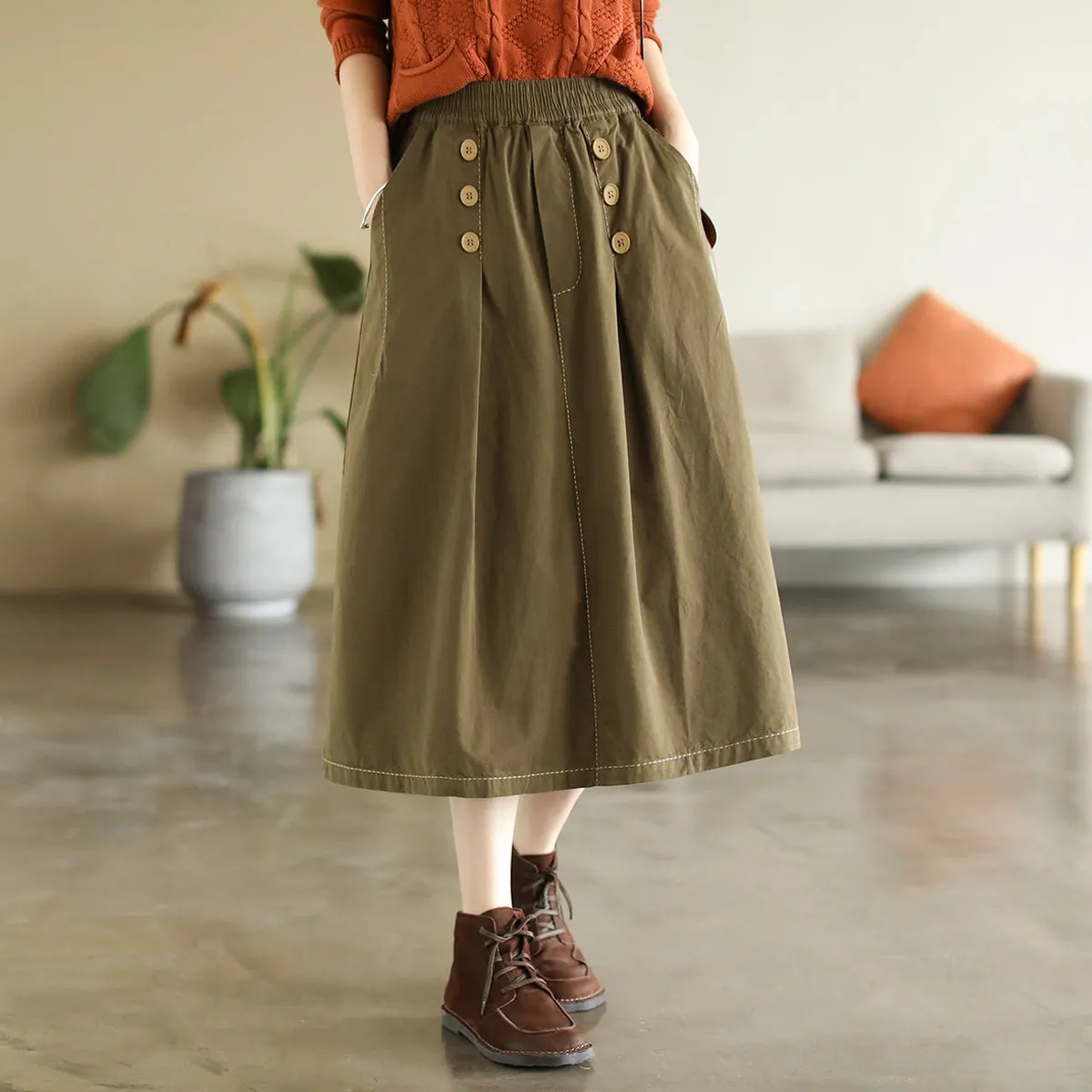 Early Autumn Retro Solid Cotton A-Line Skirt