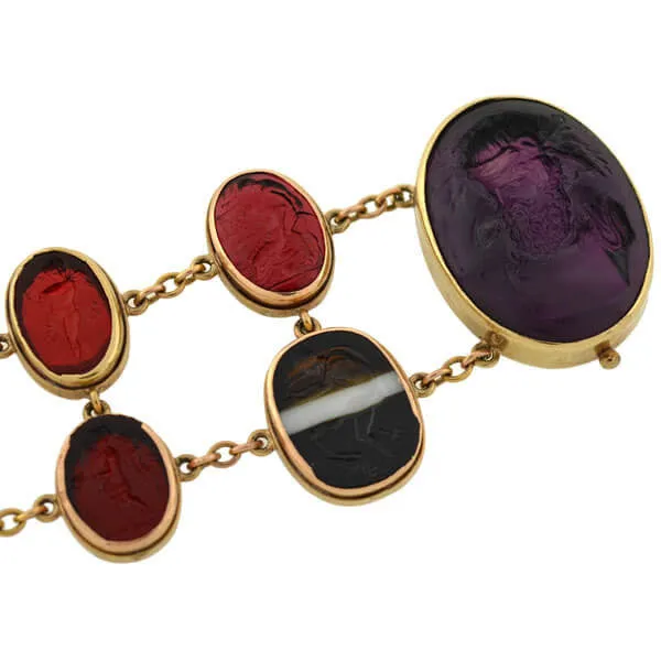 Early Victorian 14kt Glass Tassie & Agate Intaglio Link Bracelet