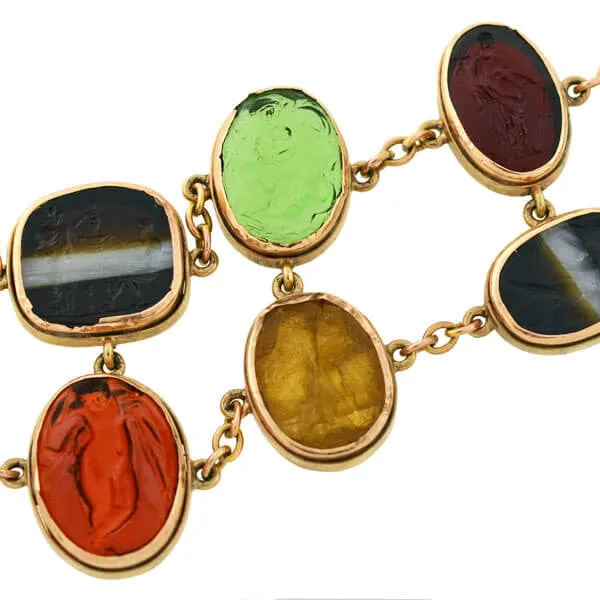 Early Victorian 14kt Glass Tassie & Agate Intaglio Link Bracelet