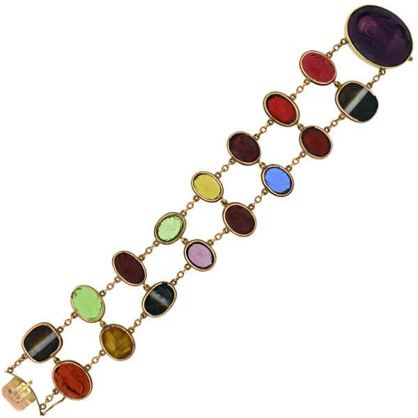 Early Victorian 14kt Glass Tassie & Agate Intaglio Link Bracelet