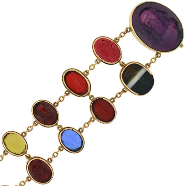 Early Victorian 14kt Glass Tassie & Agate Intaglio Link Bracelet