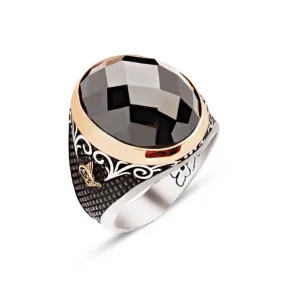 Facet Cut Black Zircon Stone Ellipse Silver Men’s Ring Siding Bush Pattern and Dimond Pattern and Ottoman Tughra