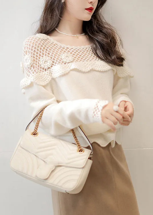 Floral White Hollow Out Patchwork Cotton Knit Top Long Sleeve AS1070