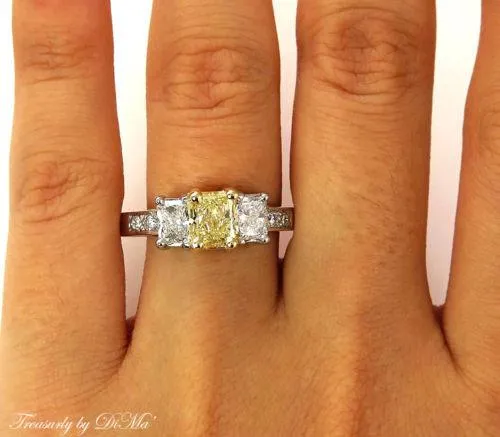 GIA 2.52CT ESTATE FANCY YELLOW RADIANT 3 STONE DIAMOND ENGAGEMENT WEDDING RING