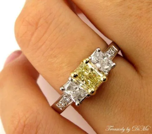 GIA 2.52CT ESTATE FANCY YELLOW RADIANT 3 STONE DIAMOND ENGAGEMENT WEDDING RING