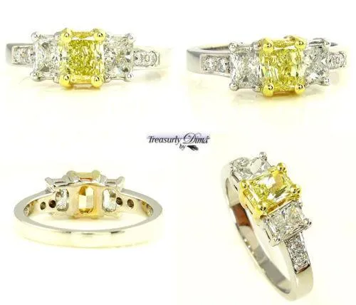 GIA 2.52CT ESTATE FANCY YELLOW RADIANT 3 STONE DIAMOND ENGAGEMENT WEDDING RING