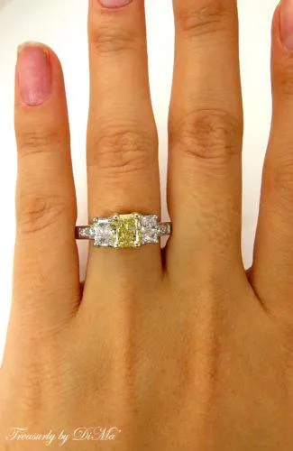 GIA 2.52CT ESTATE FANCY YELLOW RADIANT 3 STONE DIAMOND ENGAGEMENT WEDDING RING