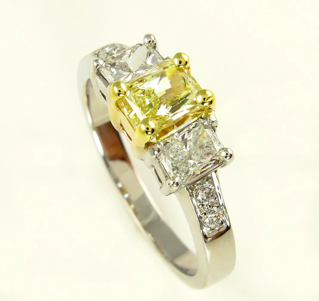 GIA 2.52CT ESTATE FANCY YELLOW RADIANT 3 STONE DIAMOND ENGAGEMENT WEDDING RING