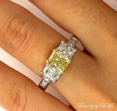 GIA 2.52CT ESTATE FANCY YELLOW RADIANT 3 STONE DIAMOND ENGAGEMENT WEDDING RING