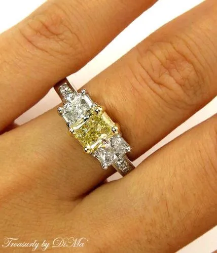 GIA 2.52CT ESTATE FANCY YELLOW RADIANT 3 STONE DIAMOND ENGAGEMENT WEDDING RING