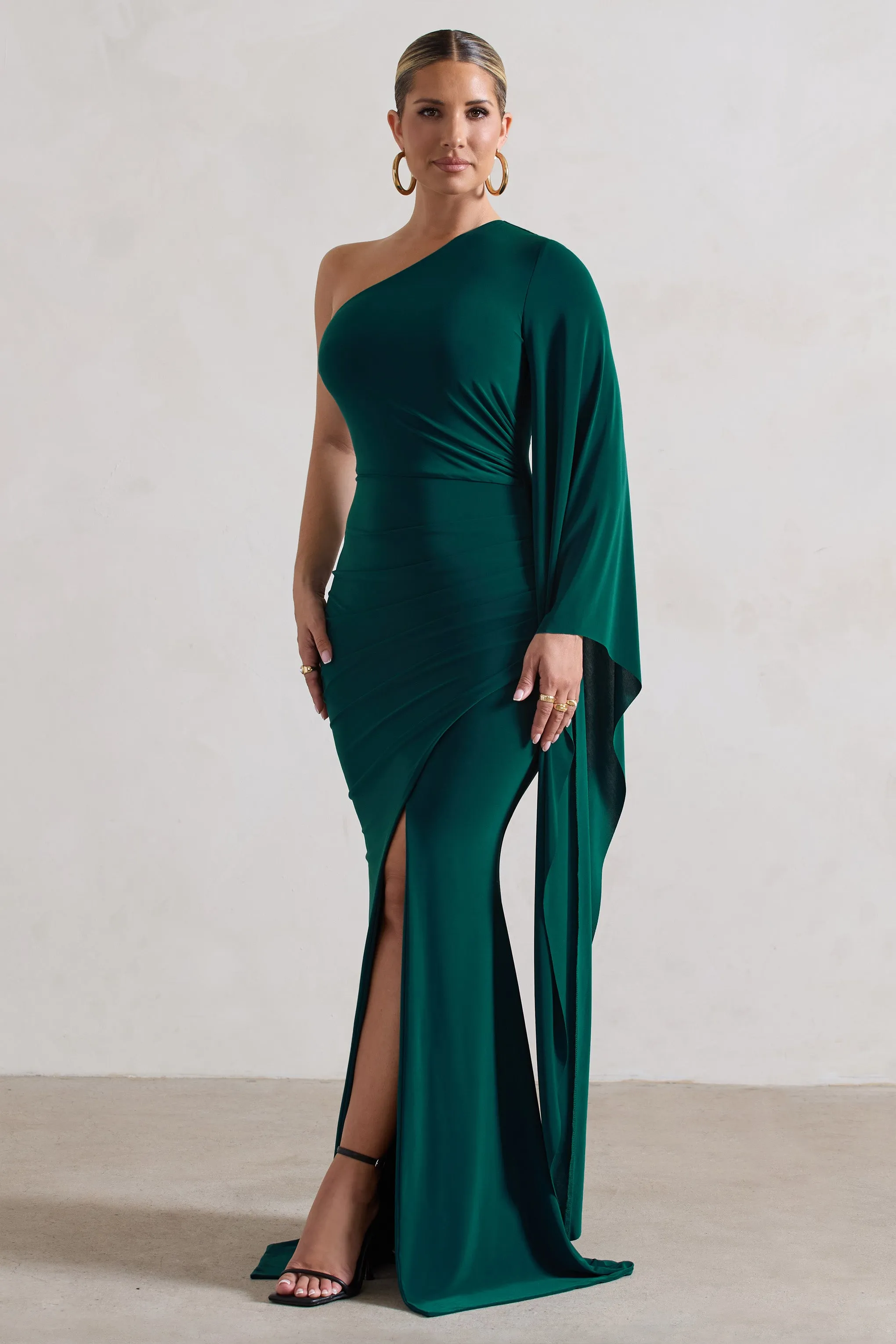 Giada | Bottle Green Ruched One Shoulder Cape Sleeve Maxi Dress