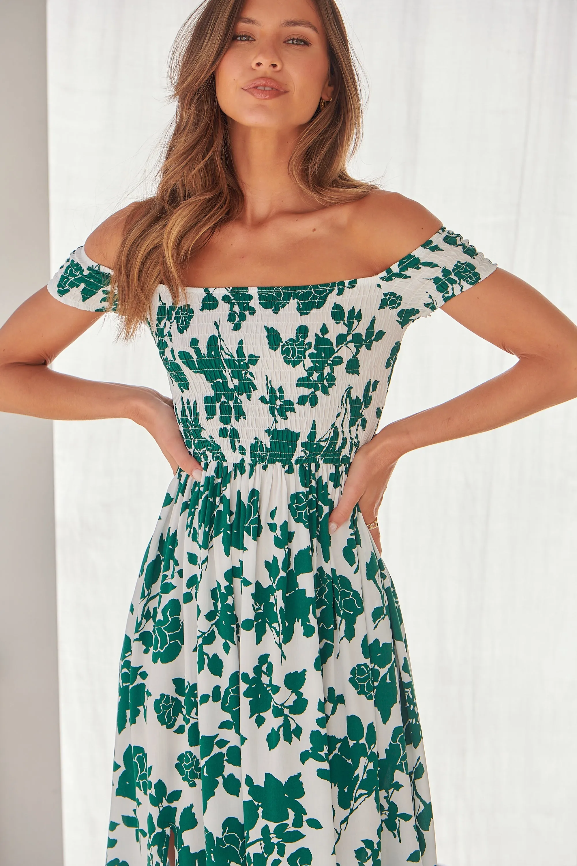 Gigi Off Shoulder Green/White Floral Print Shirred Maxi Dress