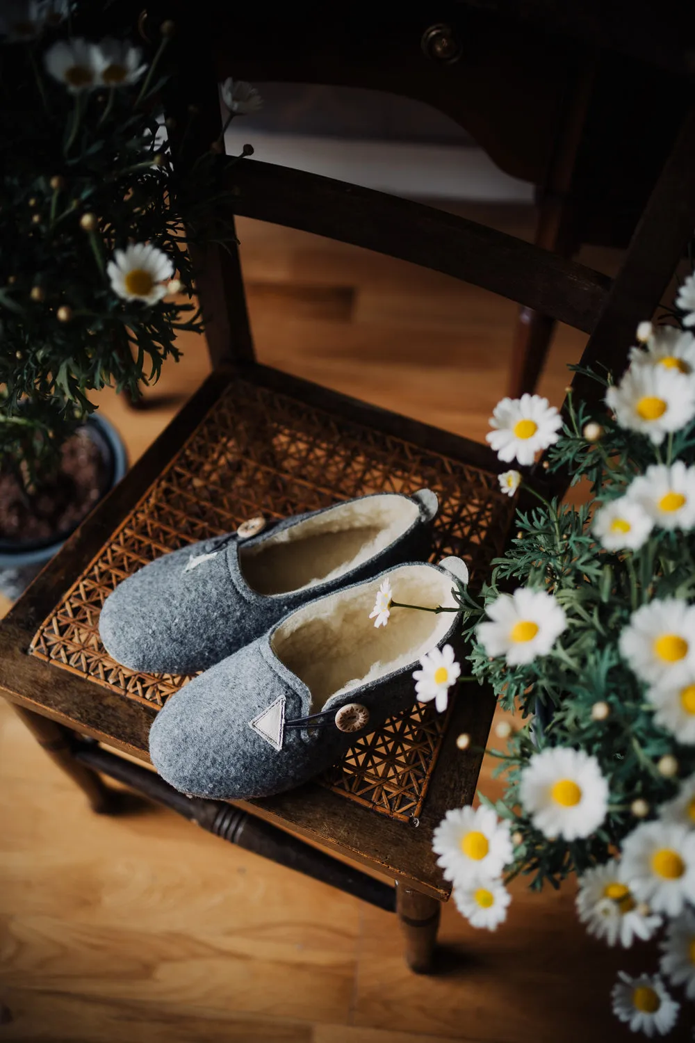 Grey Felt Slippers with Wool