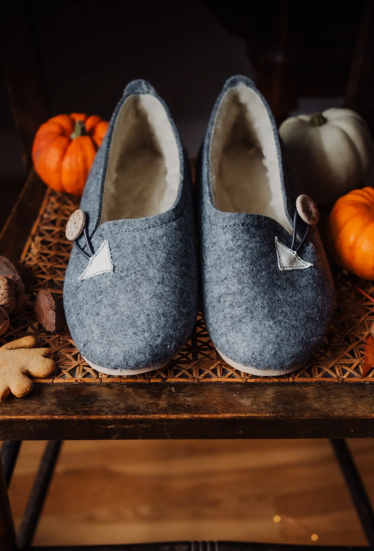 Grey Felt Slippers with Wool