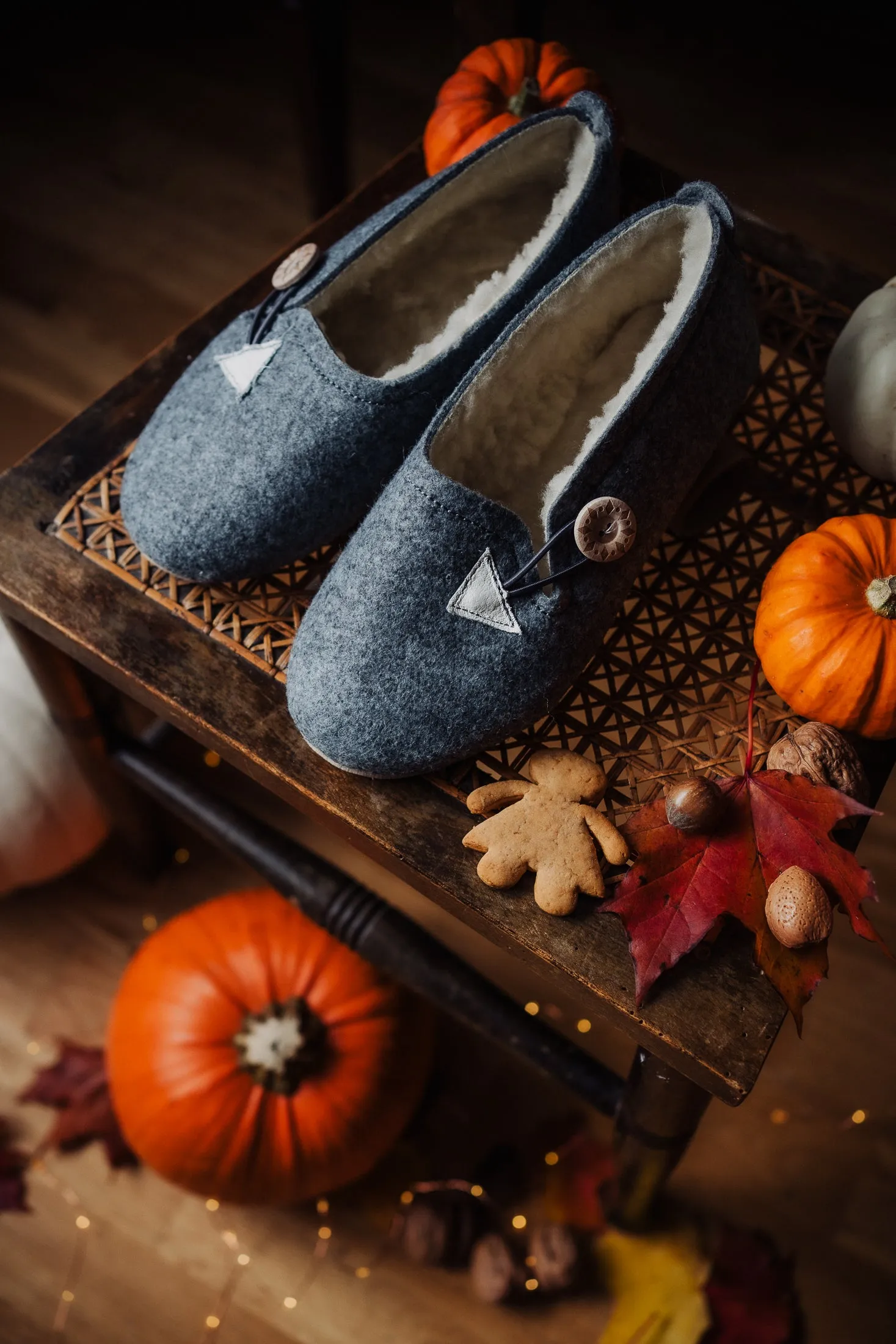 Grey Felt Slippers with Wool