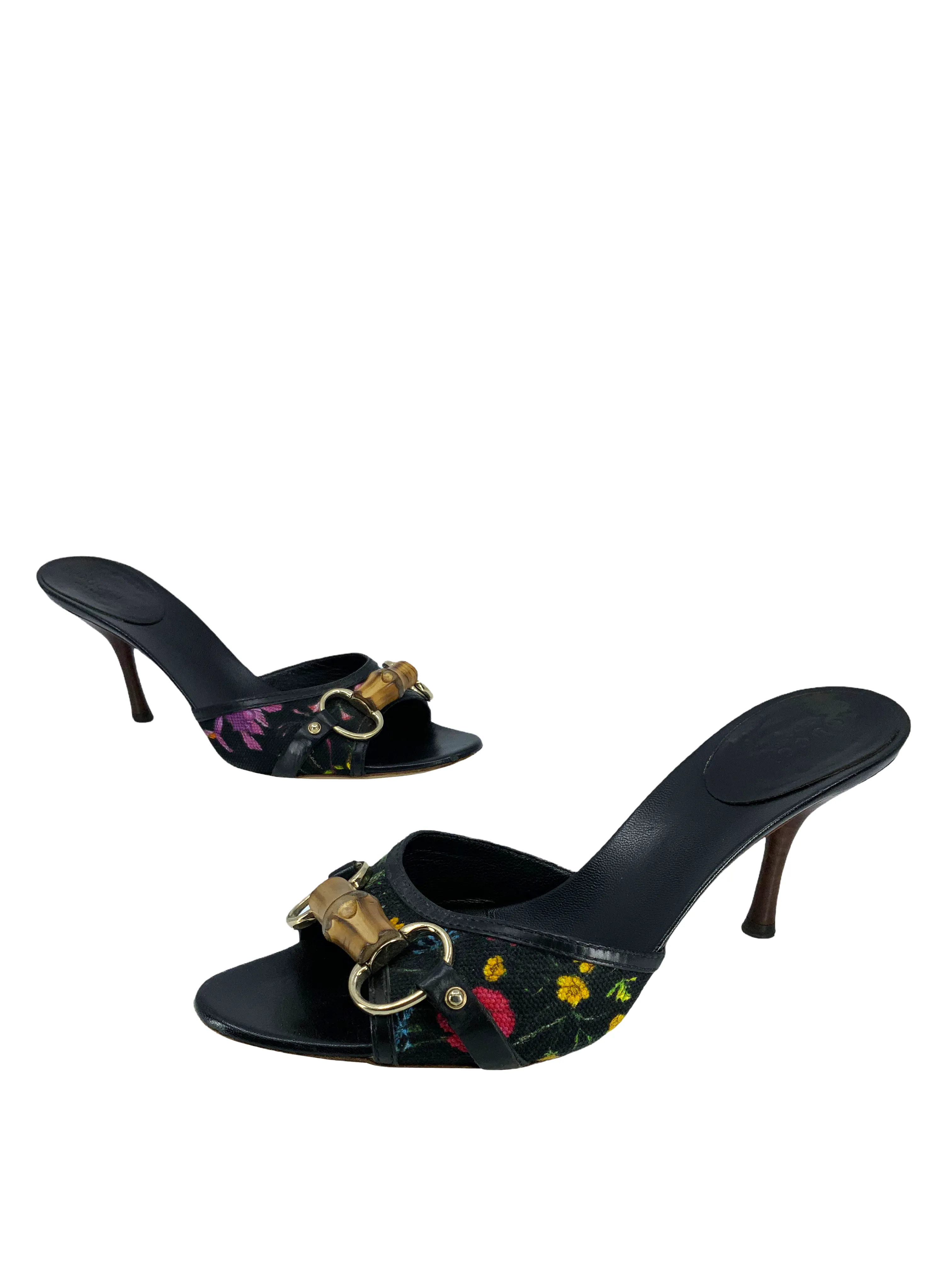 Gucci Canvas Floral Bamboo Horsebit Sandals Size 7