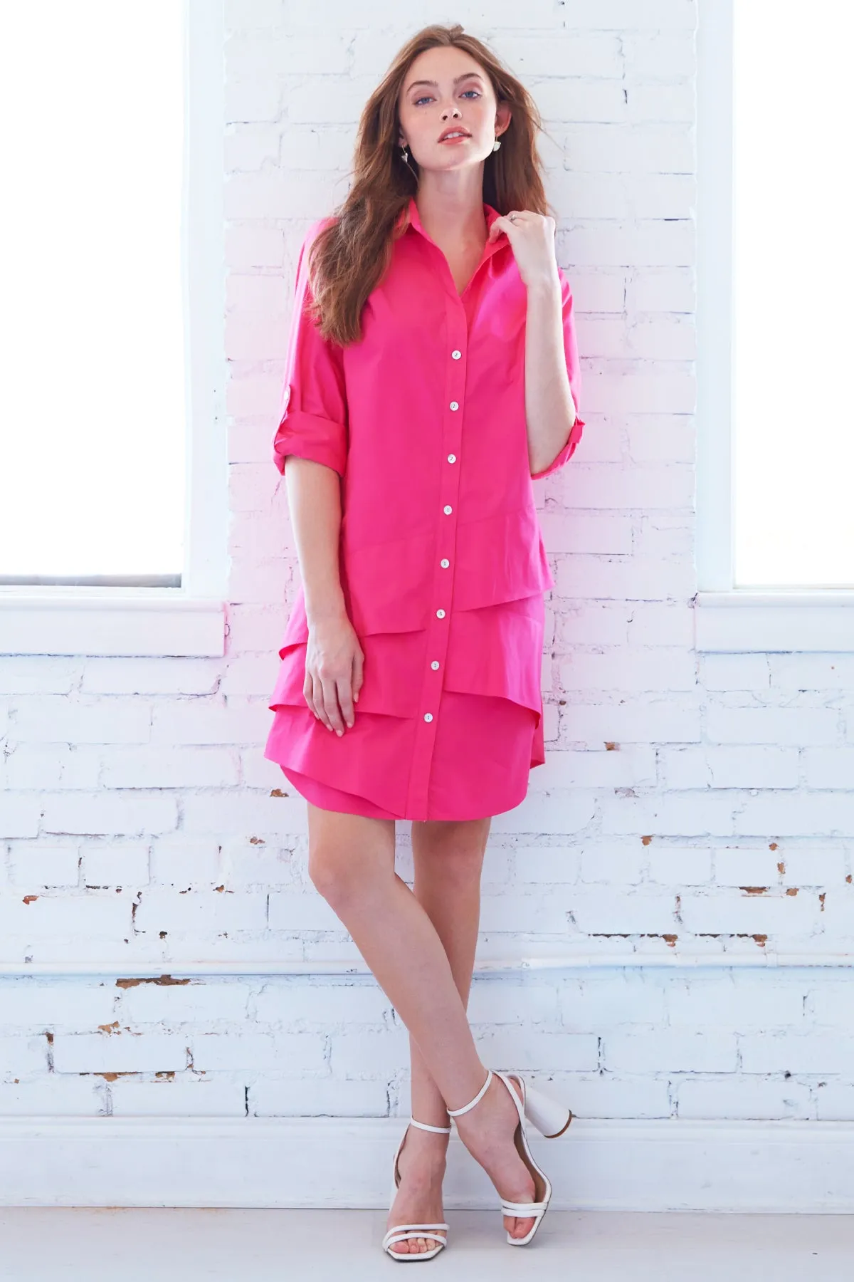 Jenna Cotton Fuchsia Pink Shirtdress Crisp Cotton