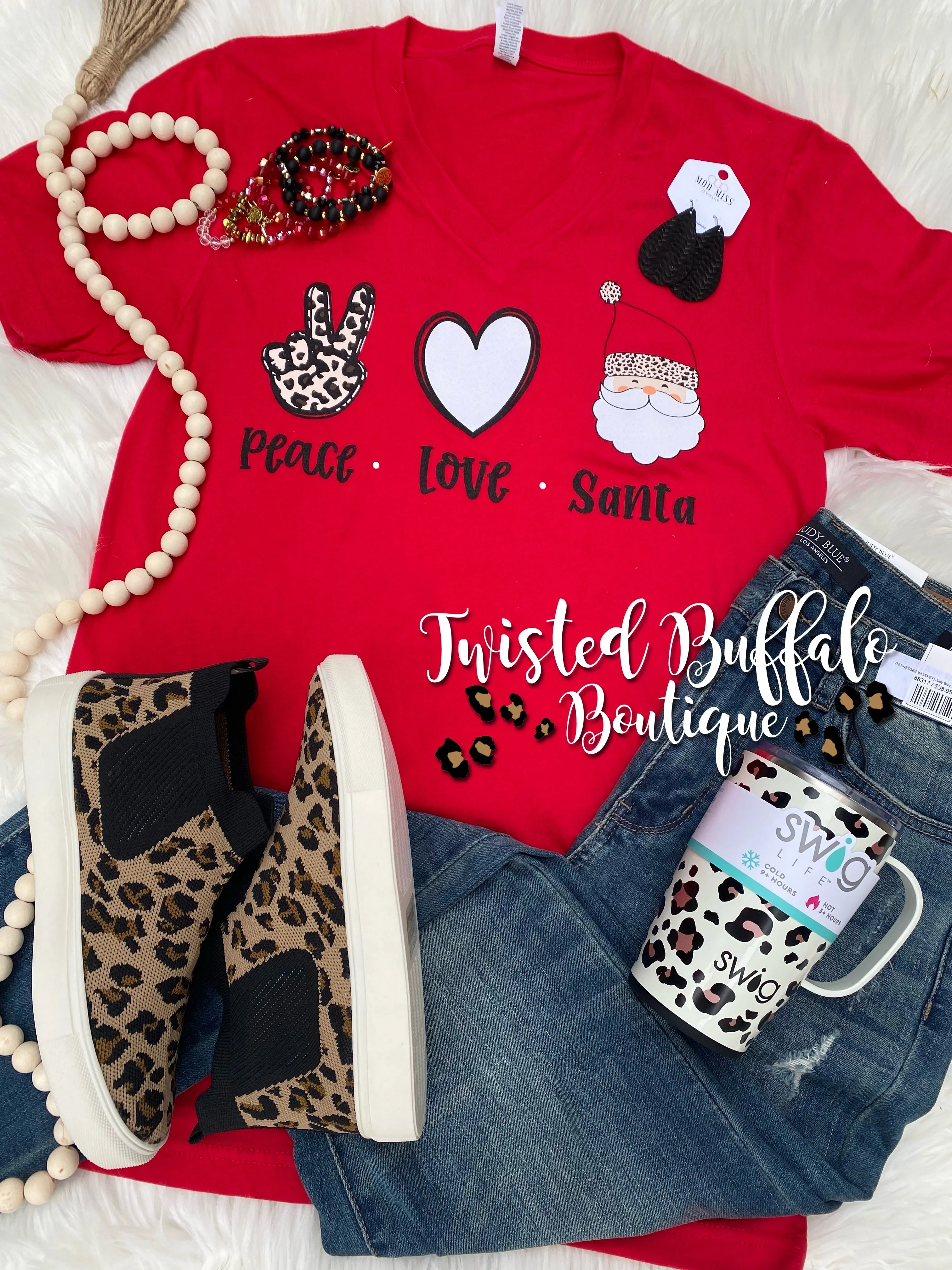 Jolly Red {PEACE LOVE SANTA} Leopard Red V-Neck Tee