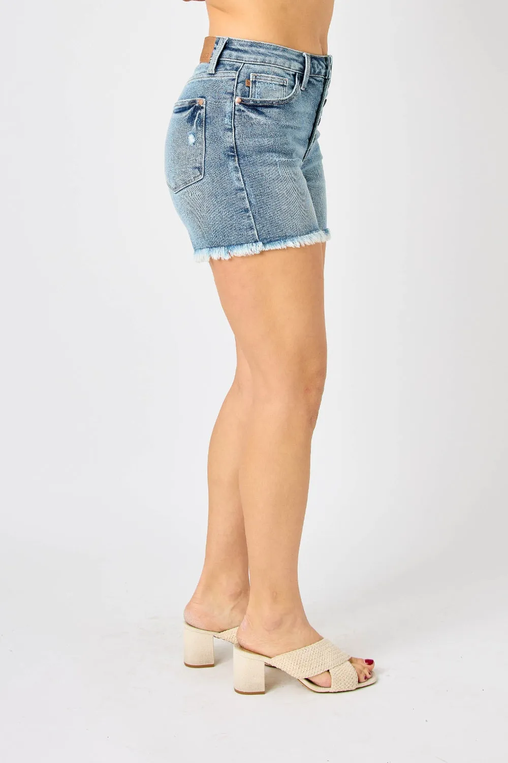 Judy Blue Full Size Button Fly Raw Hem Denim Shorts