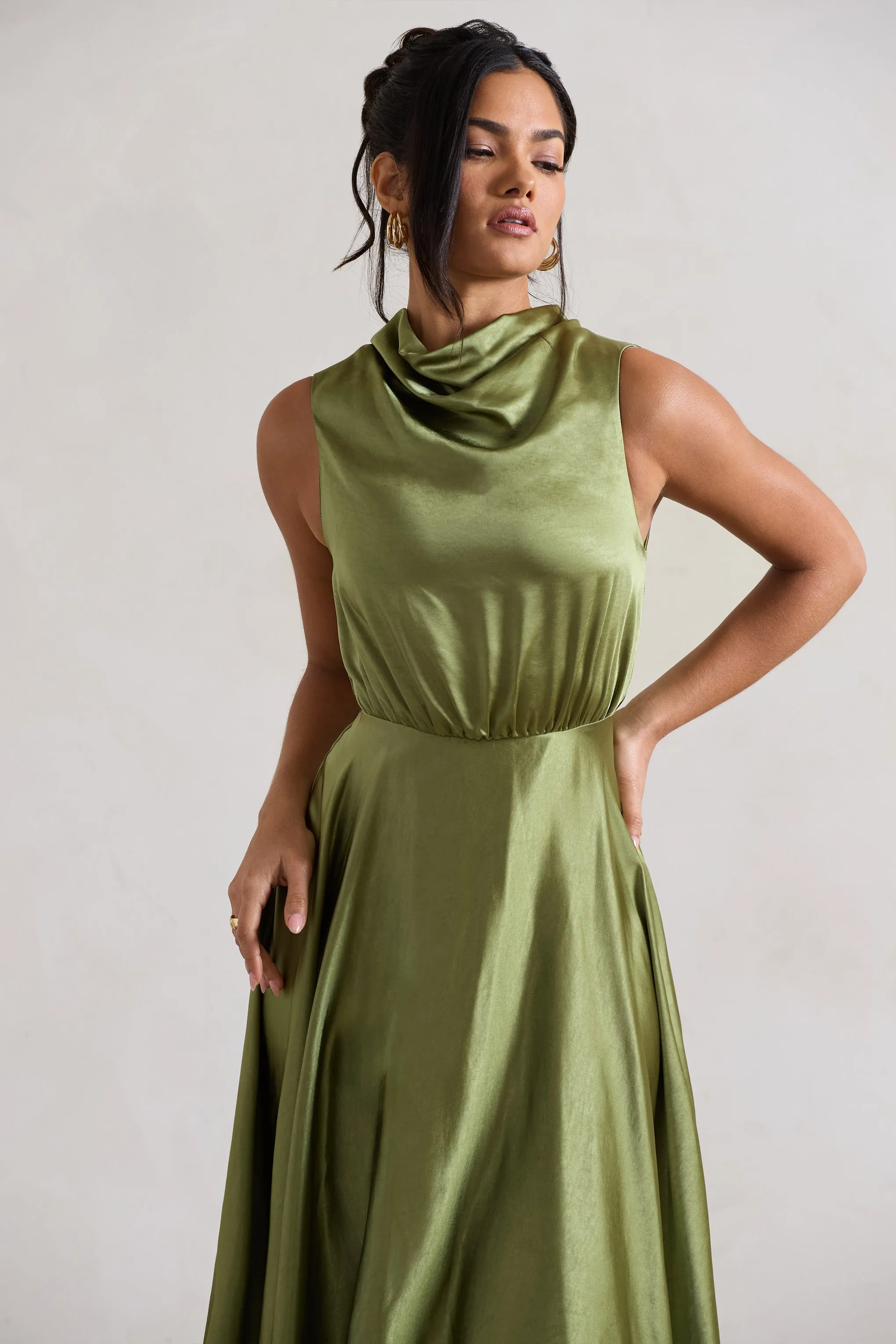 Kerri | Olive Green Satin Cowl-Neck Maxi Dress