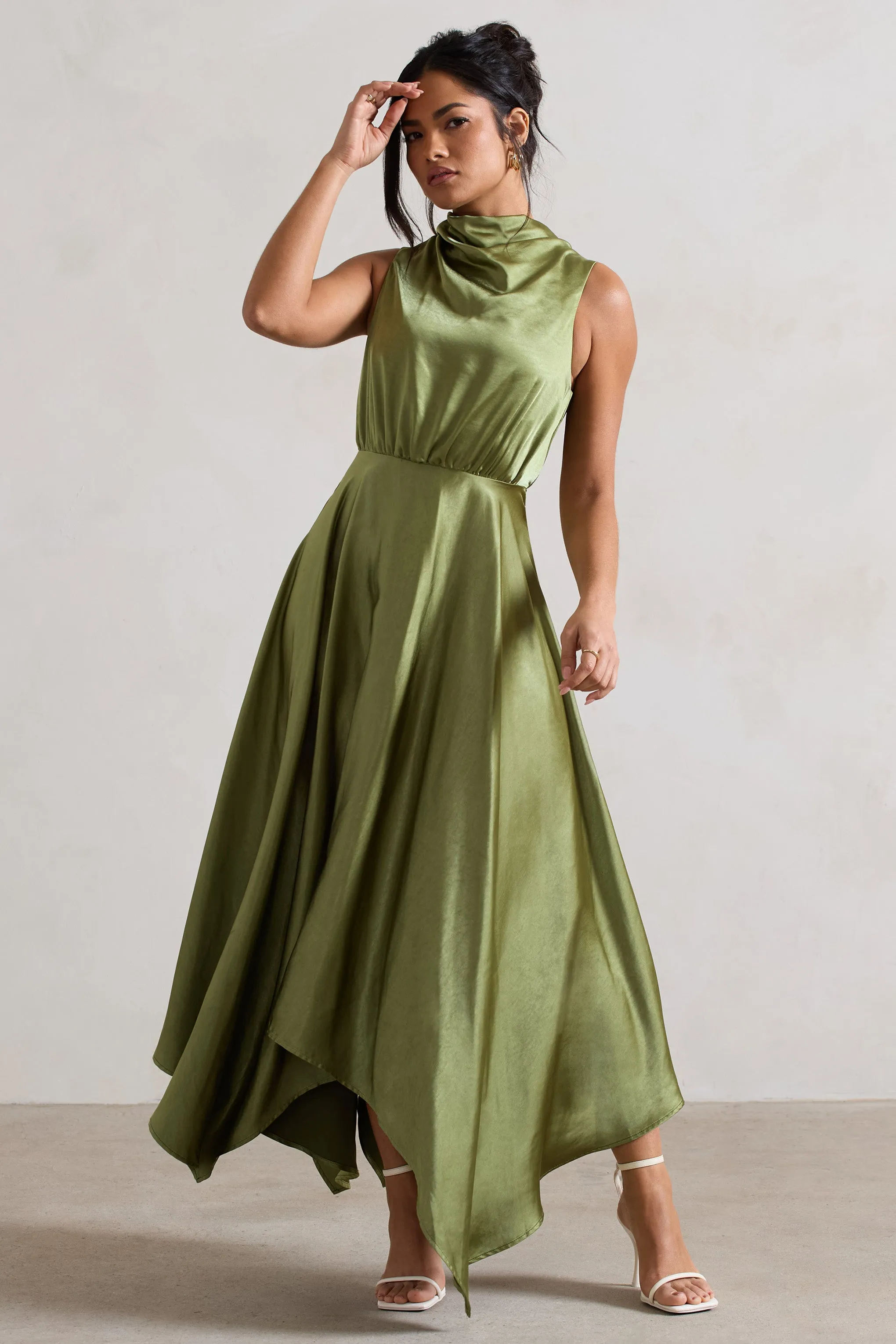 Kerri | Olive Green Satin Cowl-Neck Maxi Dress