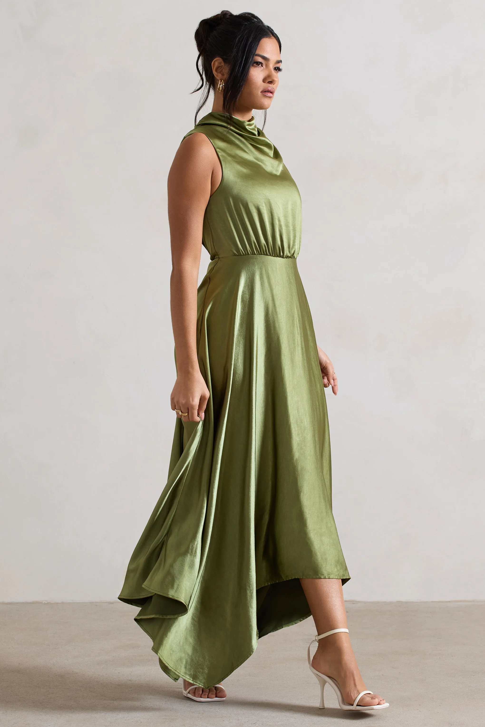 Kerri | Olive Green Satin Cowl-Neck Maxi Dress