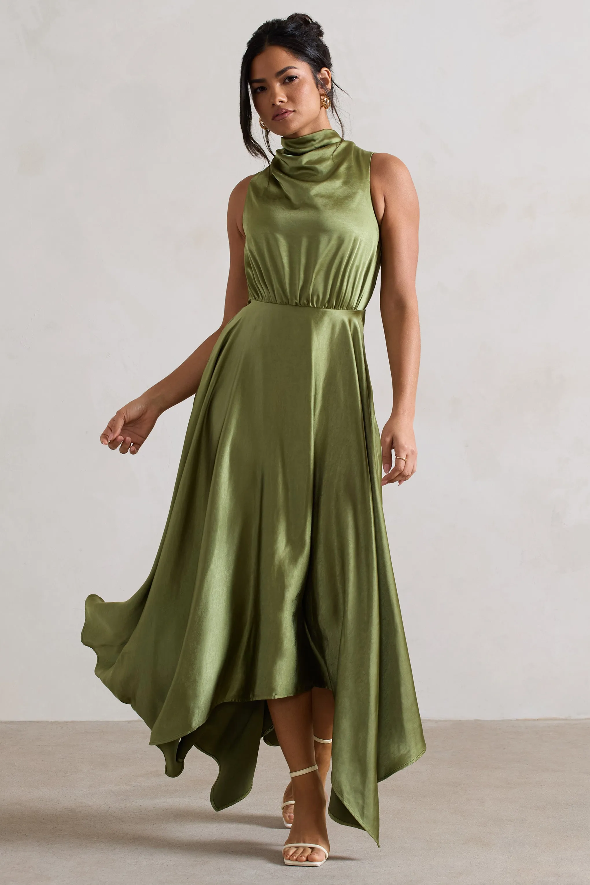 Kerri | Olive Green Satin Cowl-Neck Maxi Dress