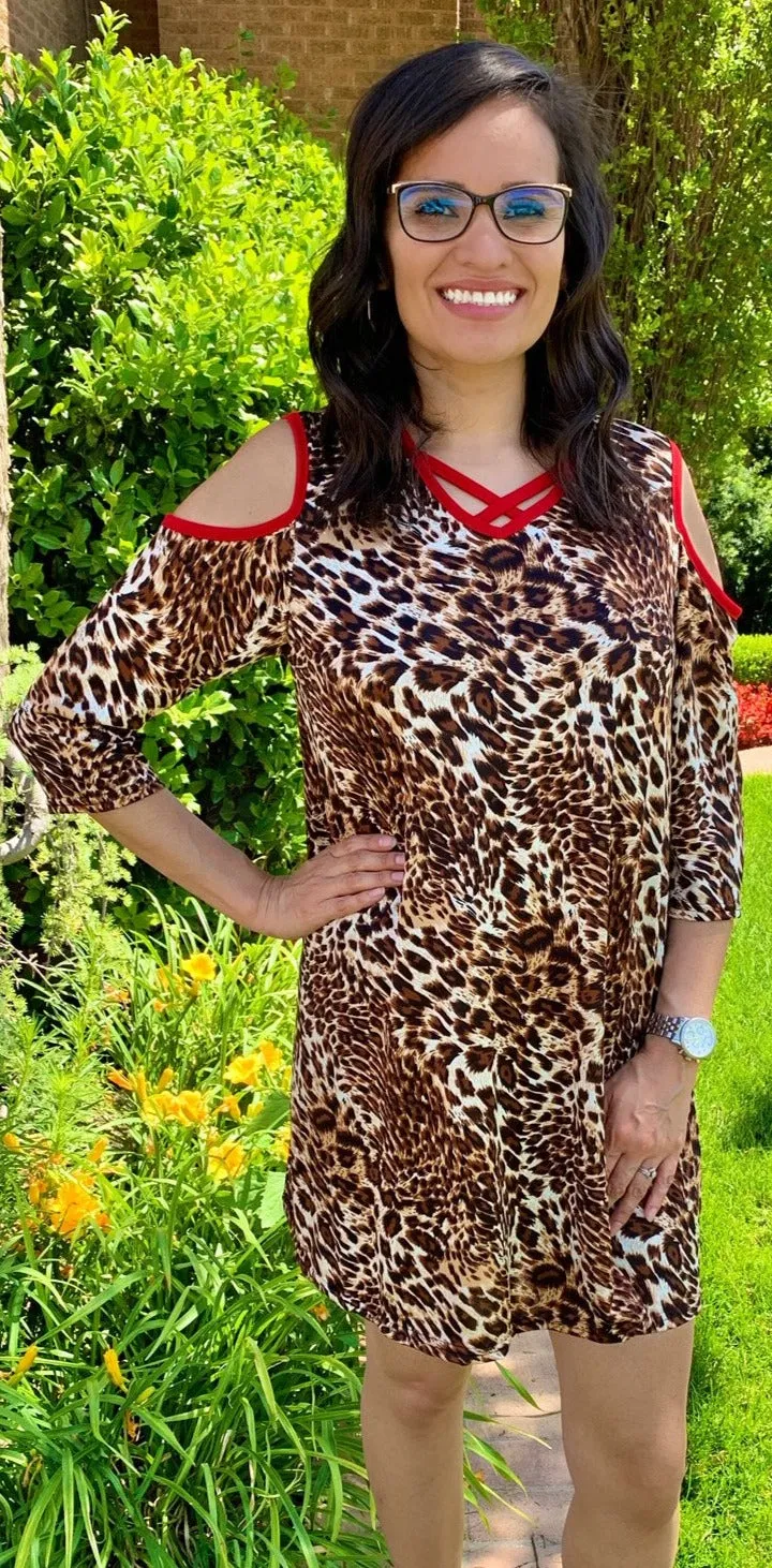 Leopard Flutter Tunic with Red Criss Cross Neck & Cold Shoulders