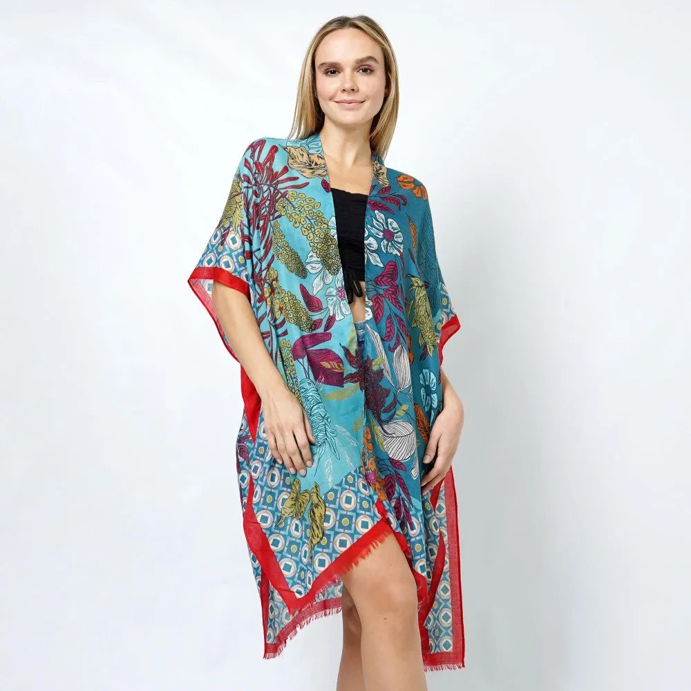 Lightweight Floral Print Kimono With Geometric Print Border - Teal