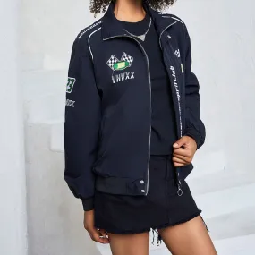 Long Sleeve Lettering Embroidered Loose-Fit Bomber Jacket ZJ9