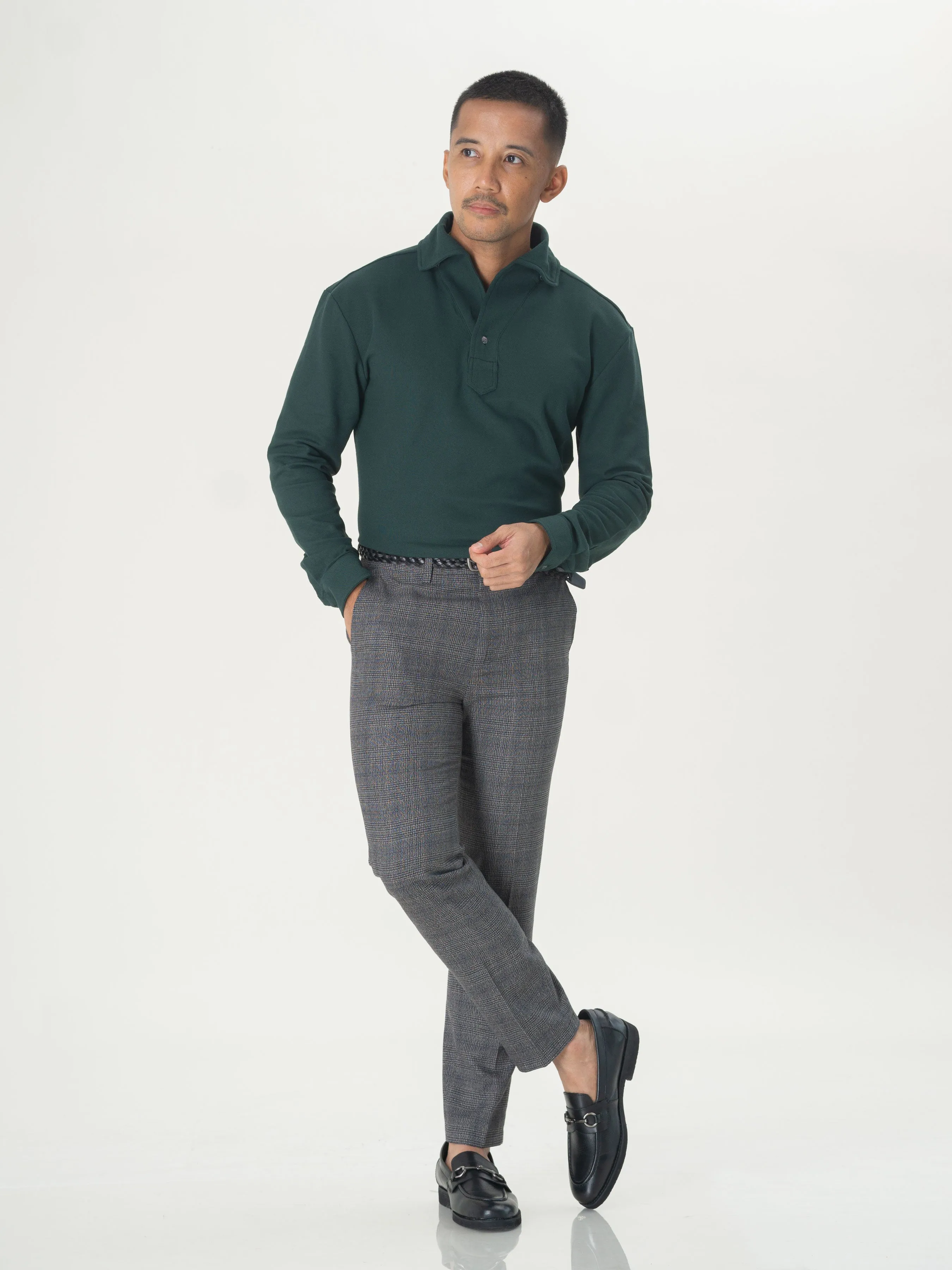 Long Sleeve Polo Shirt - Dark Green One-Piece Collar Single Button