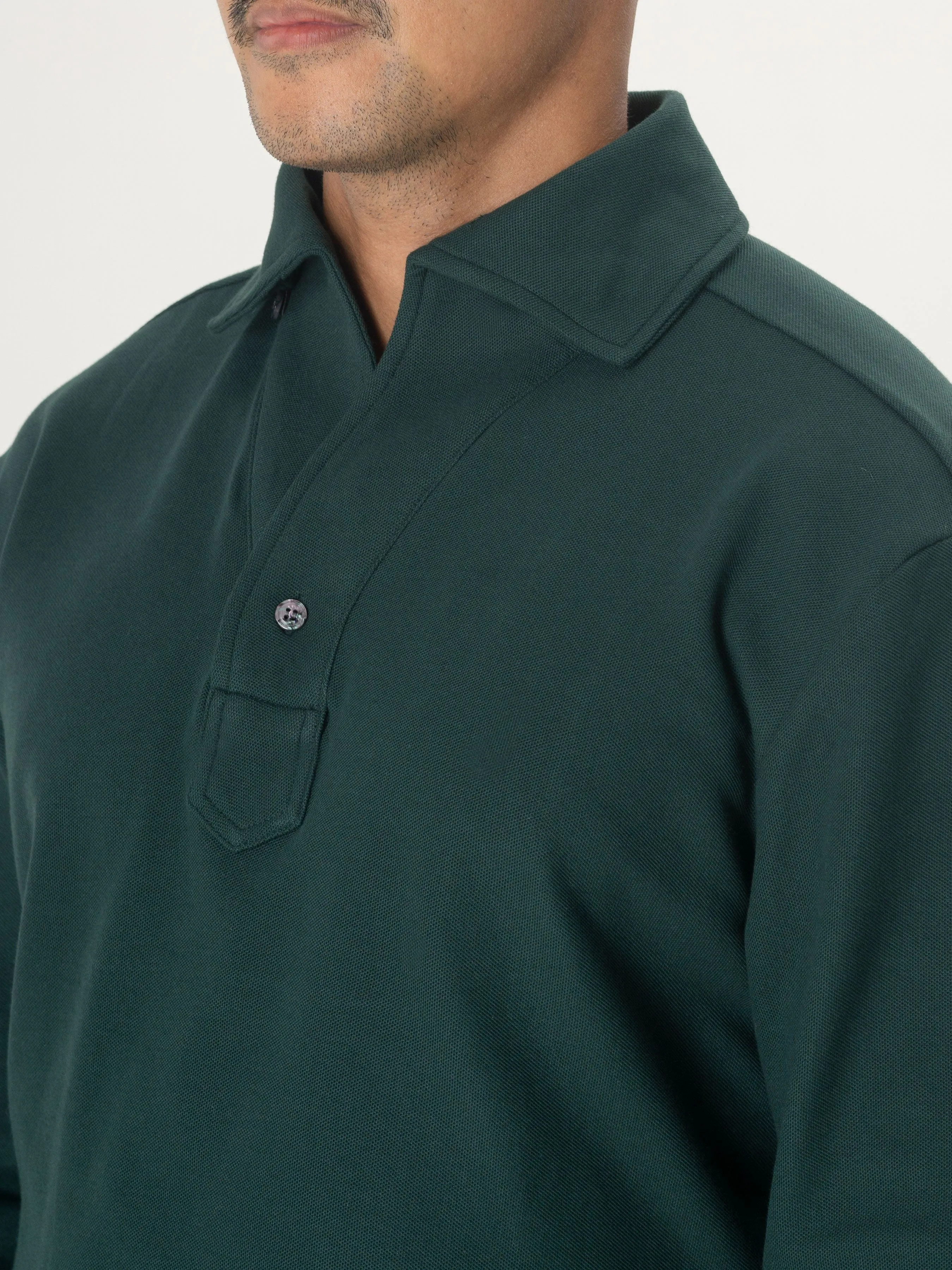 Long Sleeve Polo Shirt - Dark Green One-Piece Collar Single Button