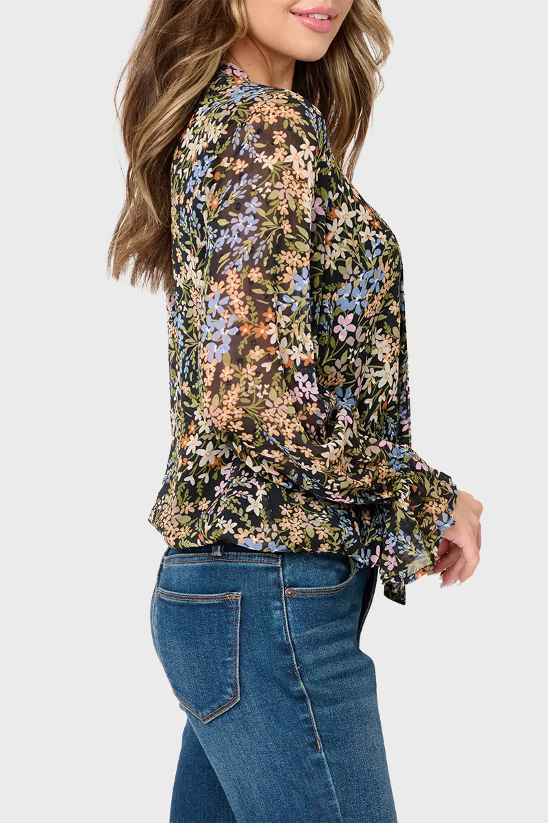 Long Sleeve Surplice Blouse With Ruffle Sleeve