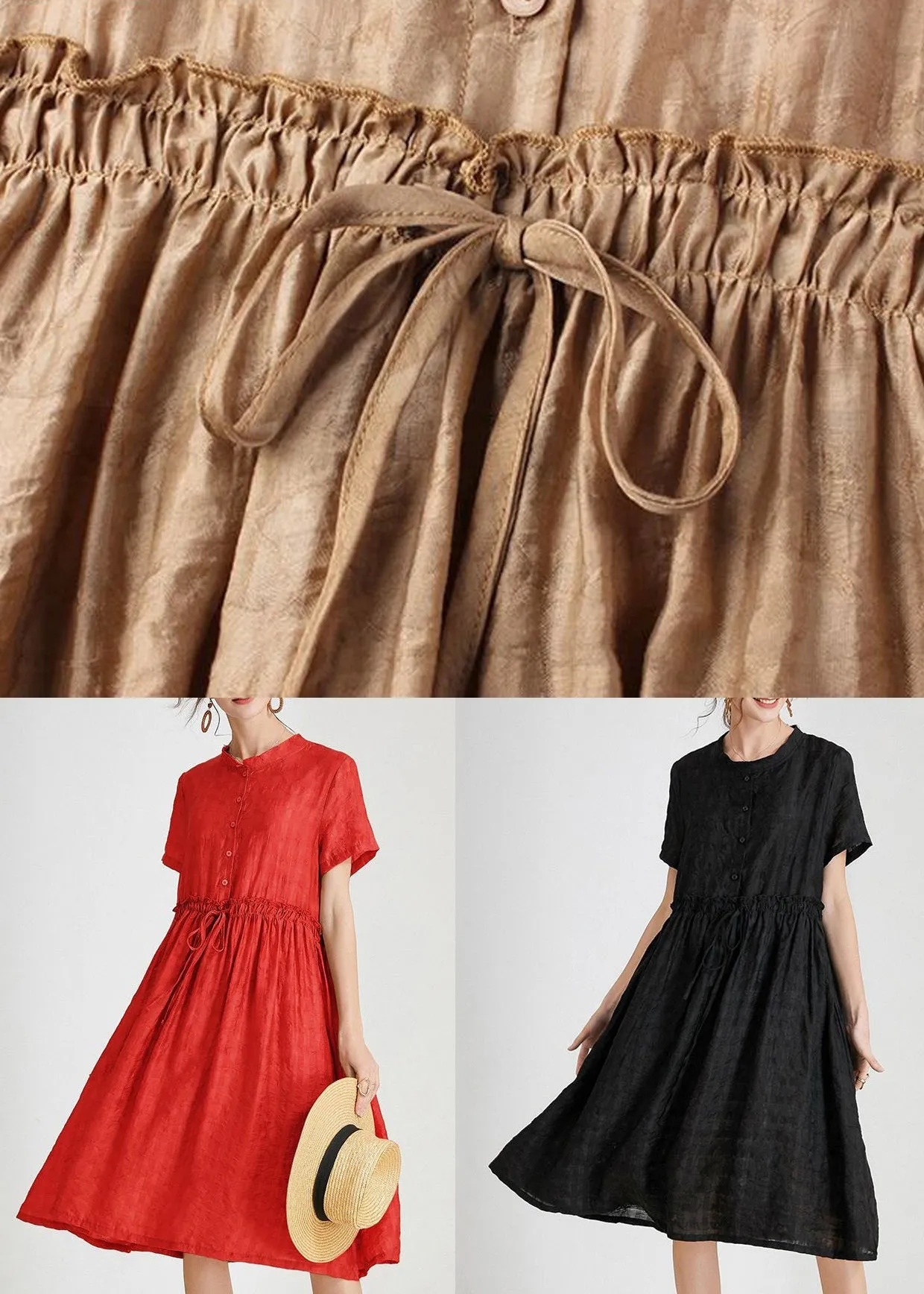 Loose Red Ruffled Tie Waist Silk Dress Short Sleeve AB1017