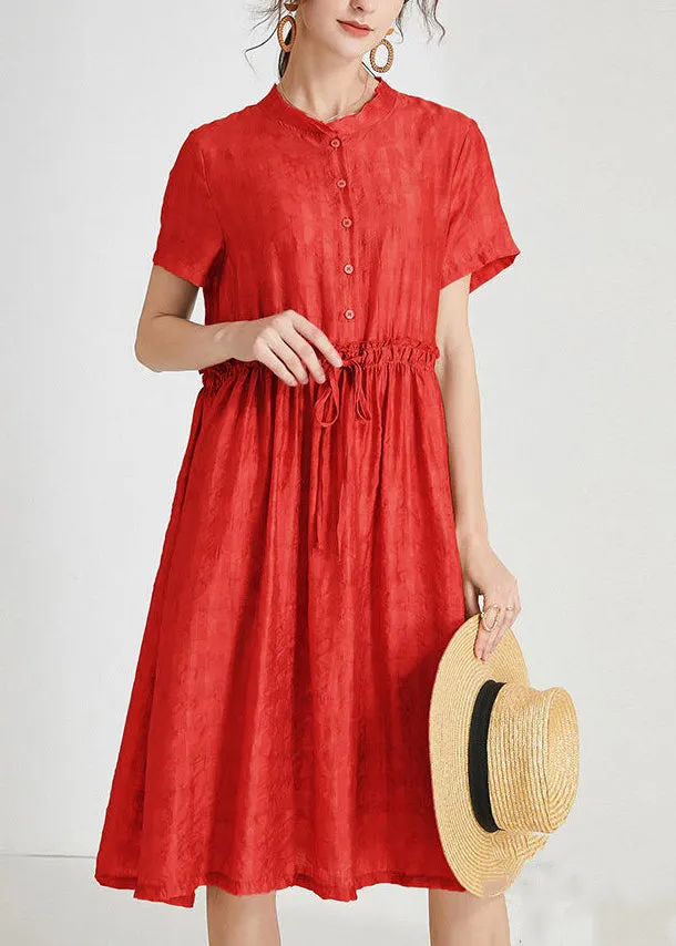 Loose Red Ruffled Tie Waist Silk Dress Short Sleeve AB1017