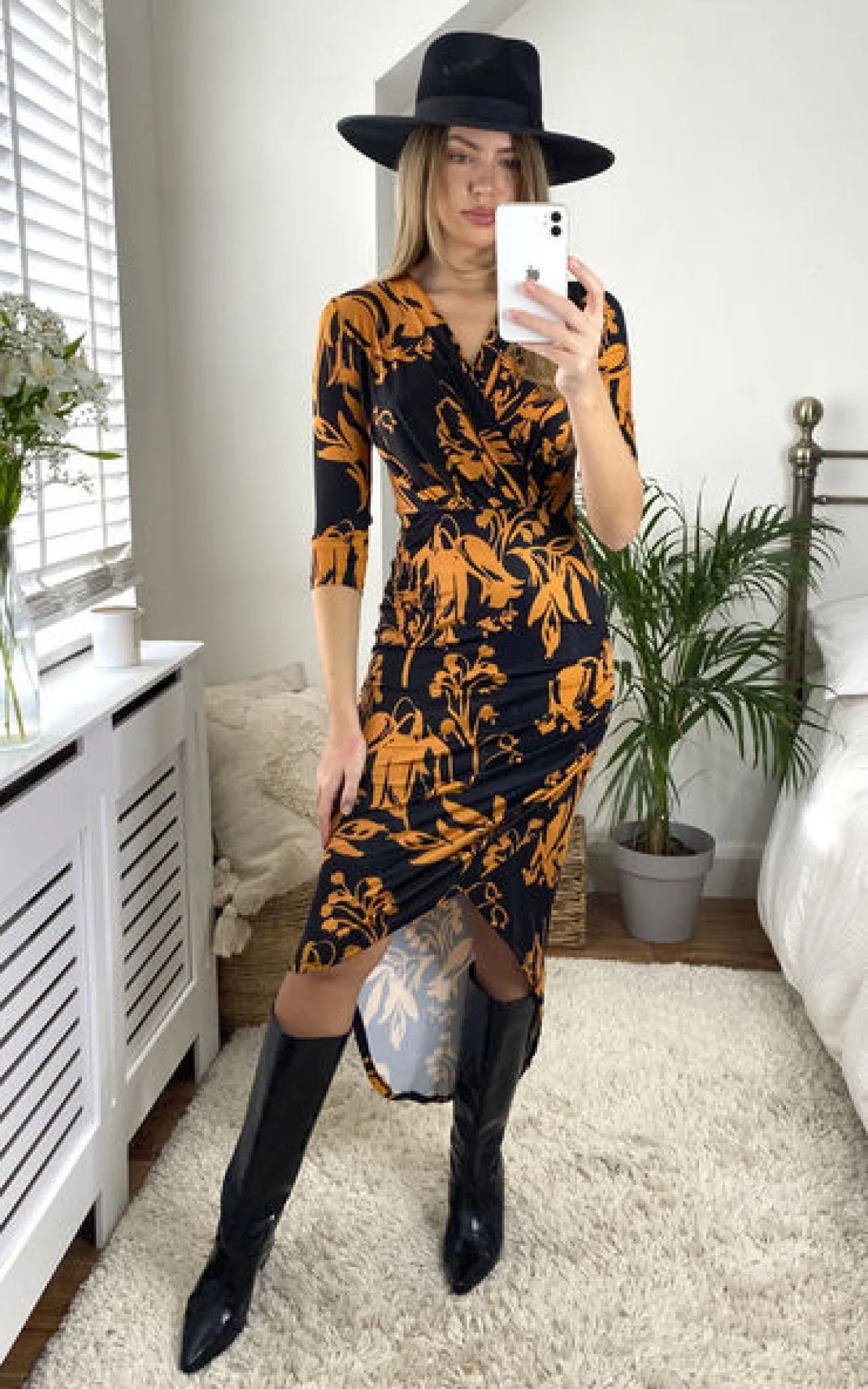 Love And Joy London Midi Wrap Dress In Black And Gold Floral