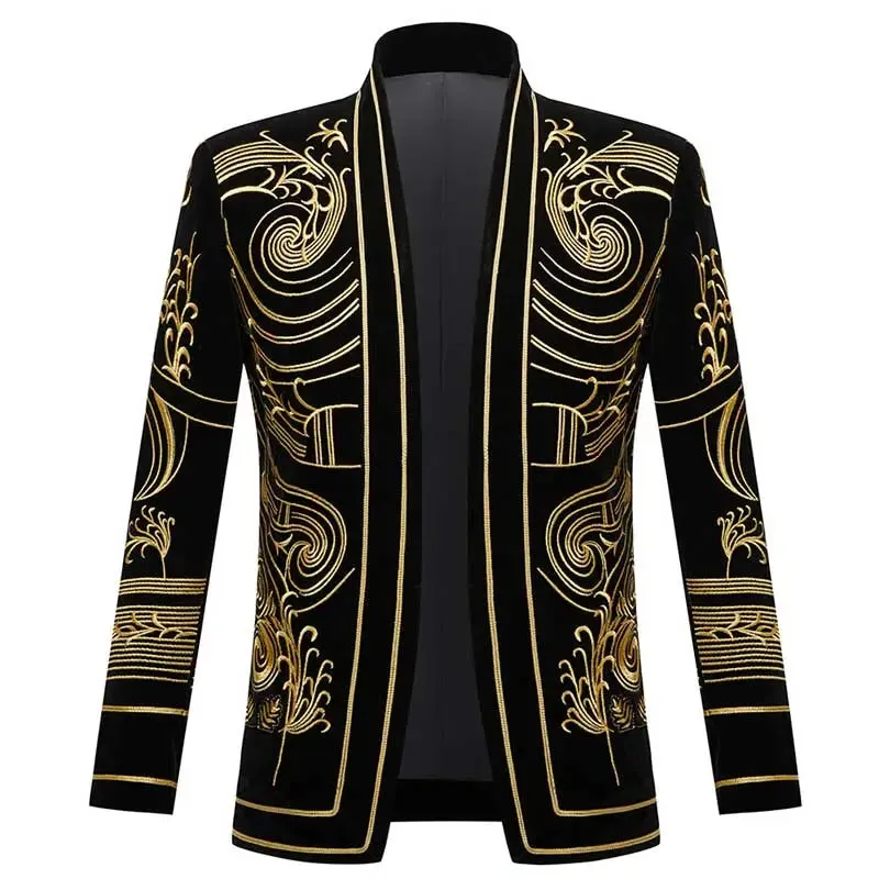 Luxury Baroque Gold Floral Embroidery Blazer Jacket Me'sn Shawl Lapel Velvet Cardigan Blazers  Wedding Party Prom Homme