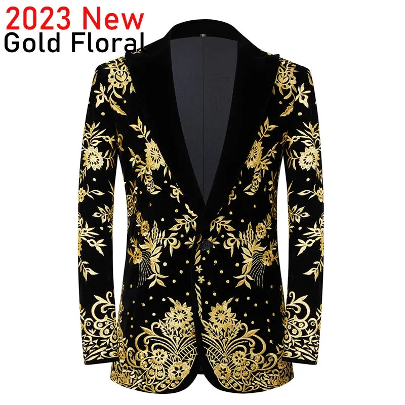 Luxury Baroque Gold Floral Embroidery Blazer Jacket Me'sn Shawl Lapel Velvet Cardigan Blazers  Wedding Party Prom Homme